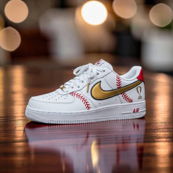 Personalized baseball-themed Air Force 1 sneakers with gold Nike swoosh and red stitching details.