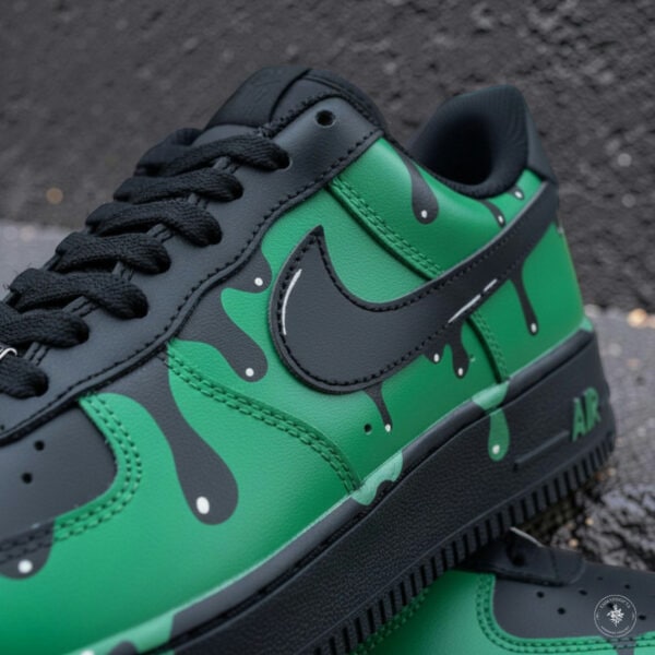 Custom green and black Air Force 1 sneakers with blue splash design.