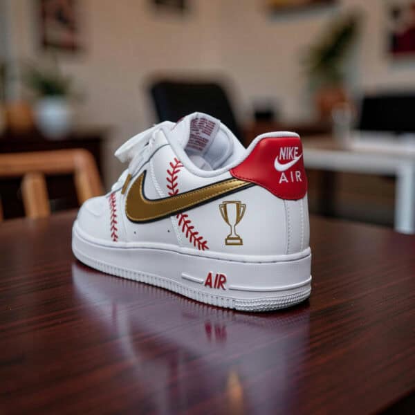 Custom baseball-themed Nike Air Force 1 sneakers with gold and red accents.