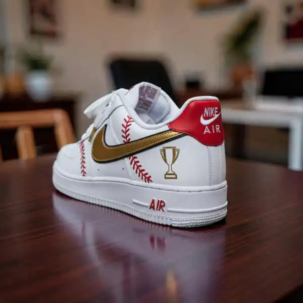 Custom baseball-themed Nike Air Force 1 sneakers with gold and red accents.
