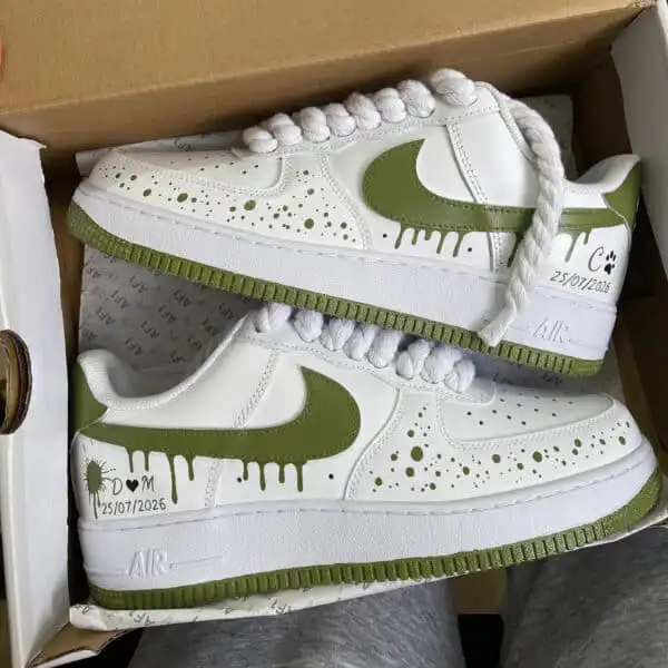 Custom Sage Green Drip Air Force 1 sneakers with hand-painted details.