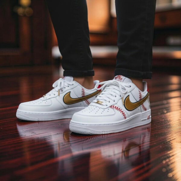 Custom baseball-themed Air Force 1 sneakers with gold swoosh and red stitching details.
