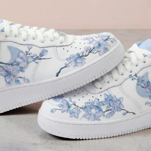 Blue Cherry Blossoms Air Force 1 sneakers with floral design.