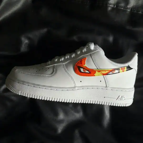 Custom anime eyes design on white Air Force 1 sneakers for unique streetwear style.