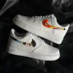 Air Force 1 sneakers with custom anime eye designs in vibrant colors. Unique footwear inspired by an.