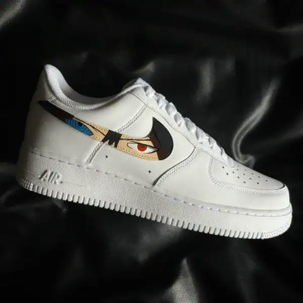 Custom anime eyes design on white Air Force 1 sneakers for unique streetwear style.
