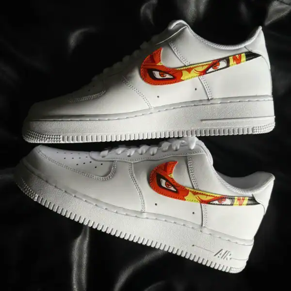 Custom anime eyes design on white Air Force 1 sneakers for unique streetwear style.