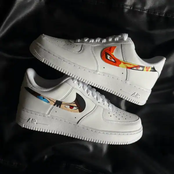 Air Force 1 sneakers with custom anime eye designs in vibrant colors. Unique footwear inspired by an.