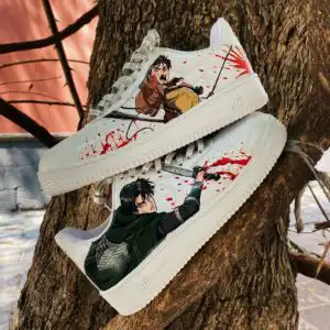 Attack on Titan themed custom Air Force 1 sneakers with anime character artwork.