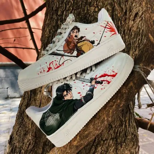 Custom Attack on Titan Air Force 1 Shoes Attack on Titan themed custom Air Force 1 sneakers with anime character artwork.