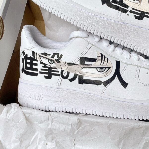 Air Force 1 sneaker with Attack on Titan Levi Ackerman design, featuring manga-style eye artwork and.