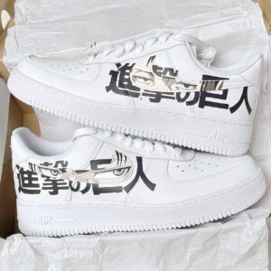 Custom Attack on Titan Levi Ackerman Air Force 1 sneakers with manga-inspired design.