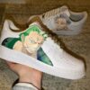 Unique Zoro-themed Air Force 1 sneakers with custom artwork.