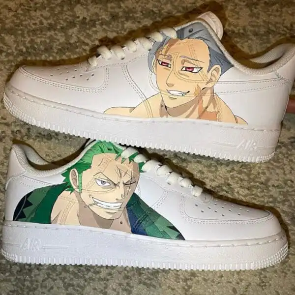 Custom Ban x Zoro Air Force 1 Sneakers Air Force 1 sneakers featuring Zoro and Ban anime characters design.