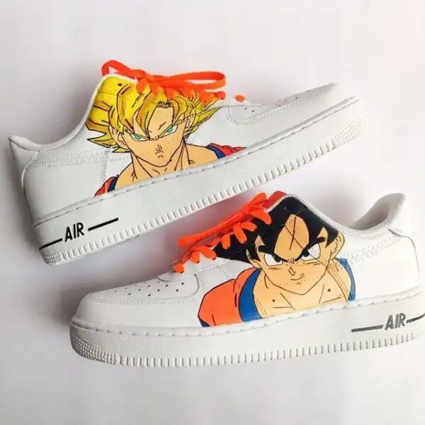 Dragon Ball Custom Sneakers for AF1 Style Custom Dragon Ball character sneakers with vibrant designs and orange laces.