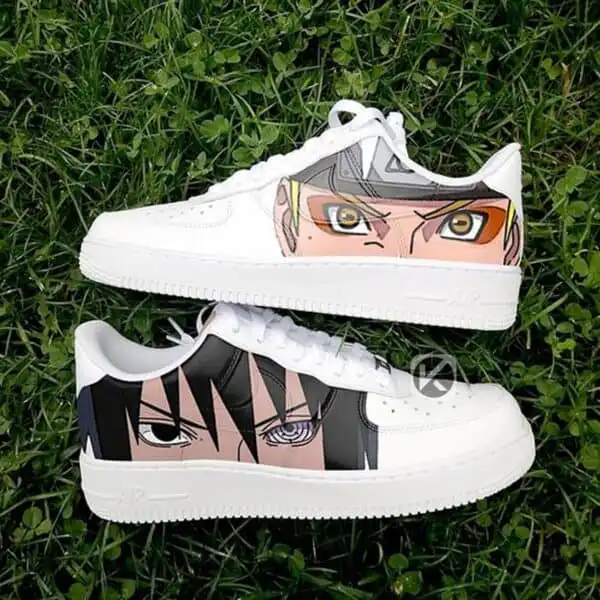 Anime Eyes Custom Sneakers for AF1 Style Custom anime eyes design on white AF1 sneakers for unique streetwear style.