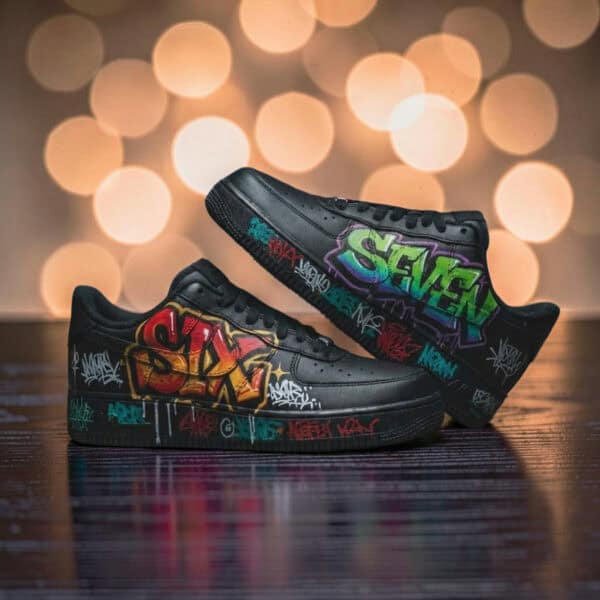 Custom graffiti design Air Force 1 sneakers in black with colorful street art details.