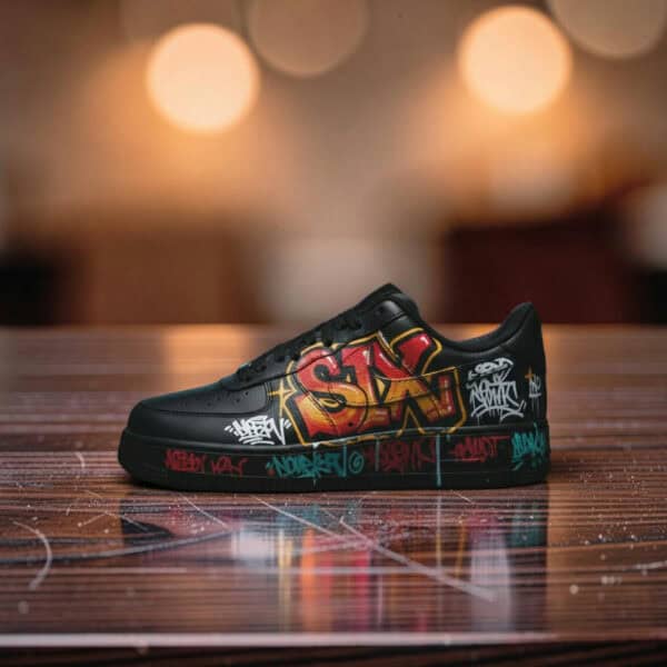 Custom graffiti design on black Air Force 1 sneakers with vibrant street art style.