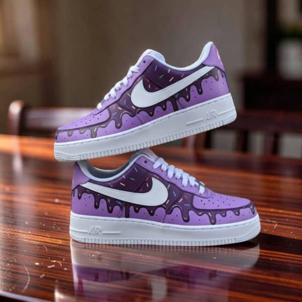 Hand-painted purple ice cream drip Nike AF1 sneakers with detailed design.