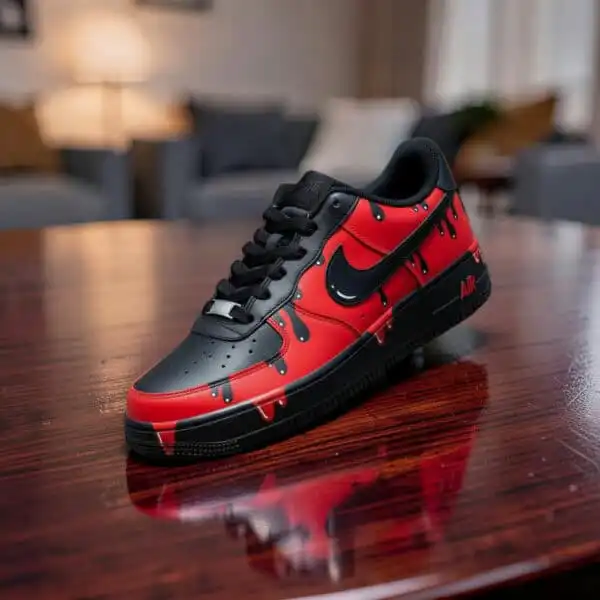 Home Custom red drip Nike Air Force 1 sneaker with black accents and unique design.