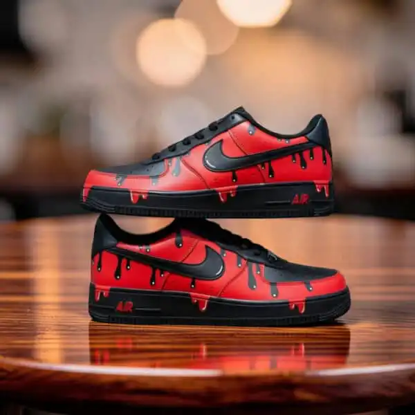 Red Drip Air Force 1 Sneakers for Custom Style Custom red drip Air Force 1 sneakers with black accents and Nike swoosh.