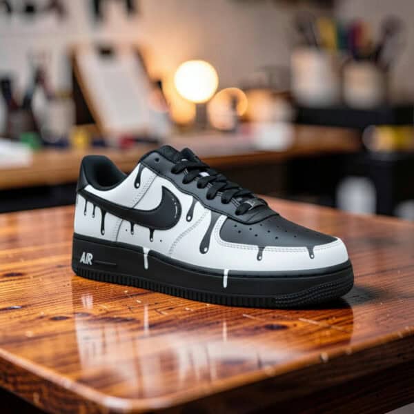 Custom white drip Air Force 1 sneakers with black accents on a wooden surface.