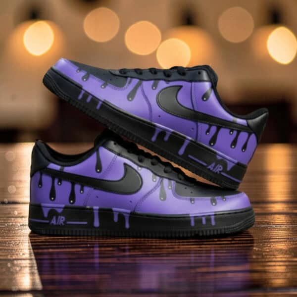 Custom purple drip Air Force 1 sneakers with black accents and unique design.
