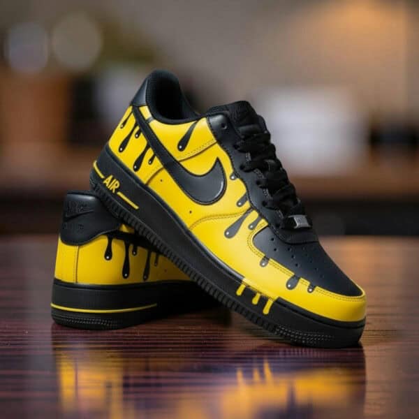 Custom yellow drip Air Force 1 sneakers with black accents and Nike swoosh.