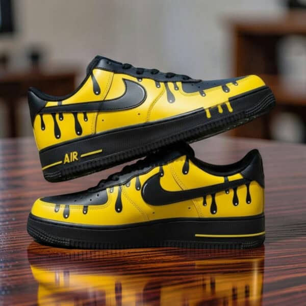 Custom yellow drip Air Force 1 sneakers with black accents and unique design.