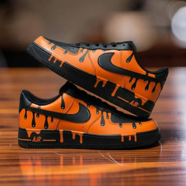 Custom Orange Drip Air Force 1 Black Sneakers for Unique Style.