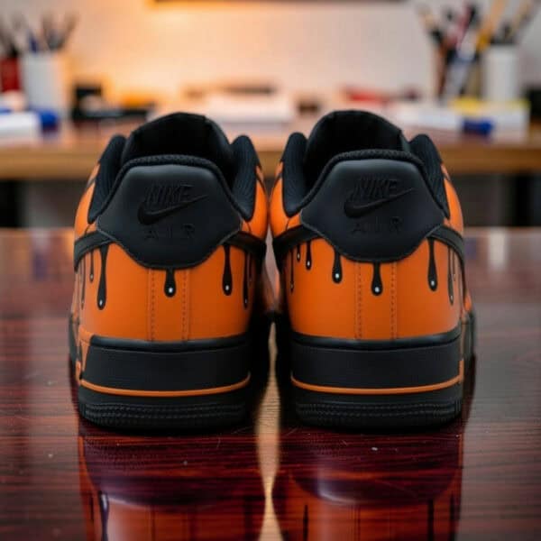 Custom orange drip Nike Air Force 1 sneakers with black accents.