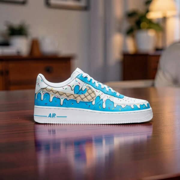 Custom hand-painted Ice Cream themed Nike Air Force 1 sneakers with vibrant blue and beige design.