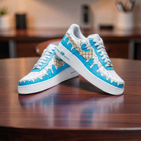 Stylish hand-painted Ice Cream themed Air Force 1 sneakers with vibrant blue and beige accents.