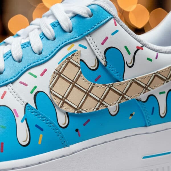 Ice Cream-themed custom Air Force 1 sneakers with colorful sprinkles and waffle cone design.