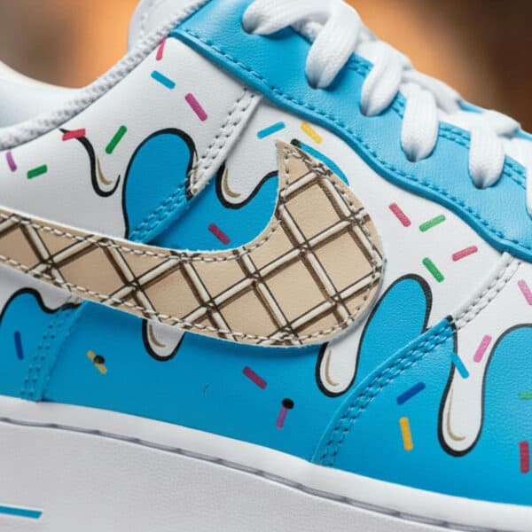 Custom hand-painted Ice Cream Nike Air Force 1 sneakers with colorful sprinkles design.