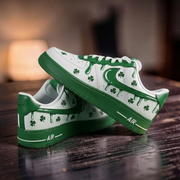 Custom Green Drip Air Force 1 sneakers with shamrocks for St. Patrick's Day. Unique, stylish, and pe.