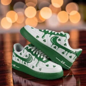 Custom green drip design Air Force 1 sneakers with shamrocks for St. Patrick