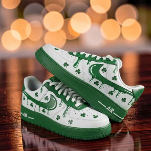 Custom green drip design Air Force 1 sneakers with shamrocks for St. Patrick's Day.