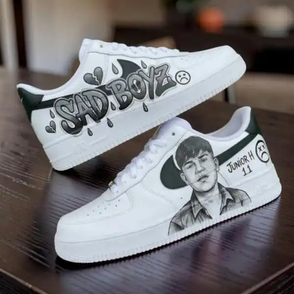 Custom hand-painted Sad Boyz sneakers featuring drip design and portrait artwork on white AF1 shoes.