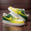 Air Force 1 custom painted sneakers in green, yellow, and white with hand-painted details.