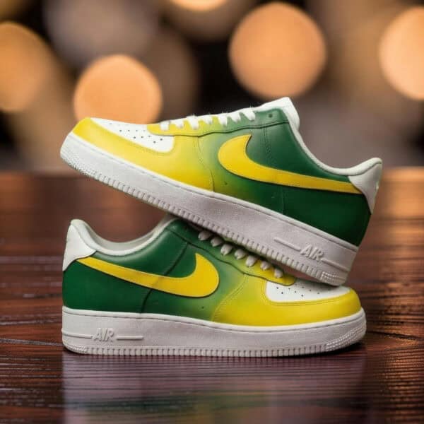 Air Force 1 Custom Faded Sneakers Custom green and yellow faded Air Force 1 sneakers with hand-painted details.
