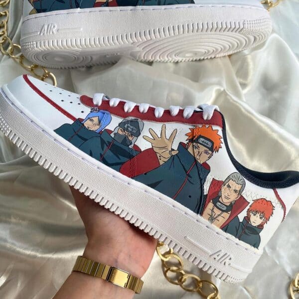 Akatsuki-themed hand-painted Air Force 1 sneakers with detailed character artwork.