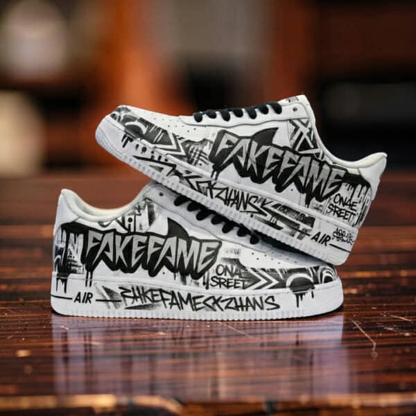 Custom AF1 sneakers with graffiti-style design for personalized streetwear. Perfect for unique sneak.