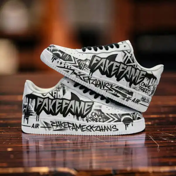 Custom AF1 sneakers with graffiti-style design for personalized streetwear. Perfect for unique sneak.