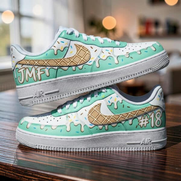 Custom ice cream-themed Nike AF1 sneakers with waffle and drip design.