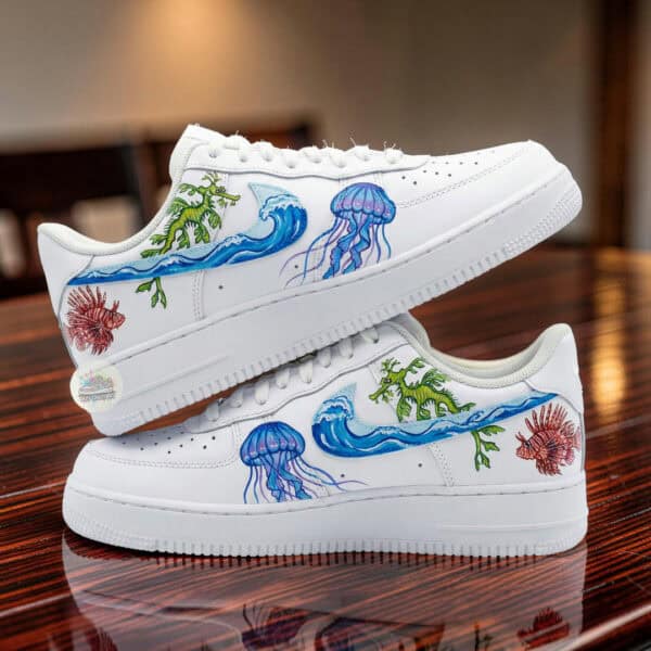 Custom AF1 sneakers featuring ocean waves, jellyfish, and sea creatures artwork.