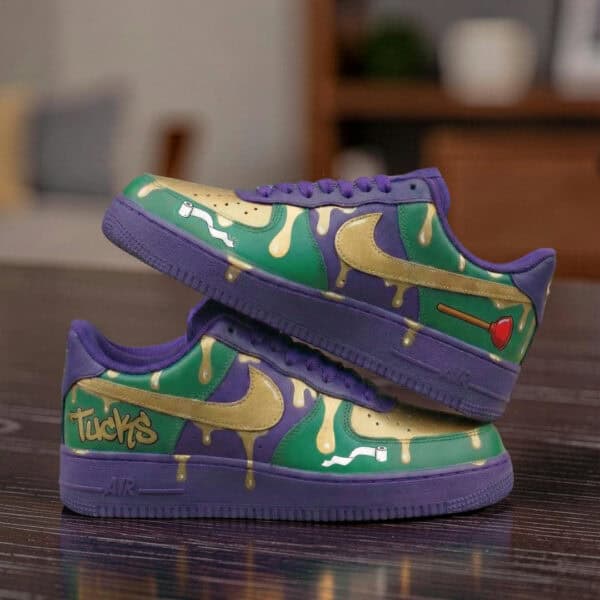 Custom colorful AF1 sneakers with paint drip design and unique details.
