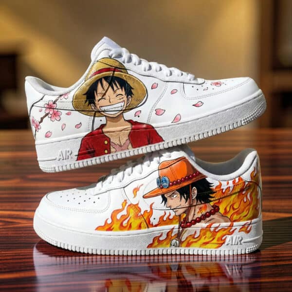 Custom One Piece themed AF1 sneakers featuring Luffy and Ace designs.