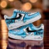 Custom blue and white Nike AF1 sneakers with unique artwork and personalized "Steve" text.