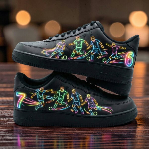 Custom neon-lit AF1 sneakers with vibrant sports-themed designs.